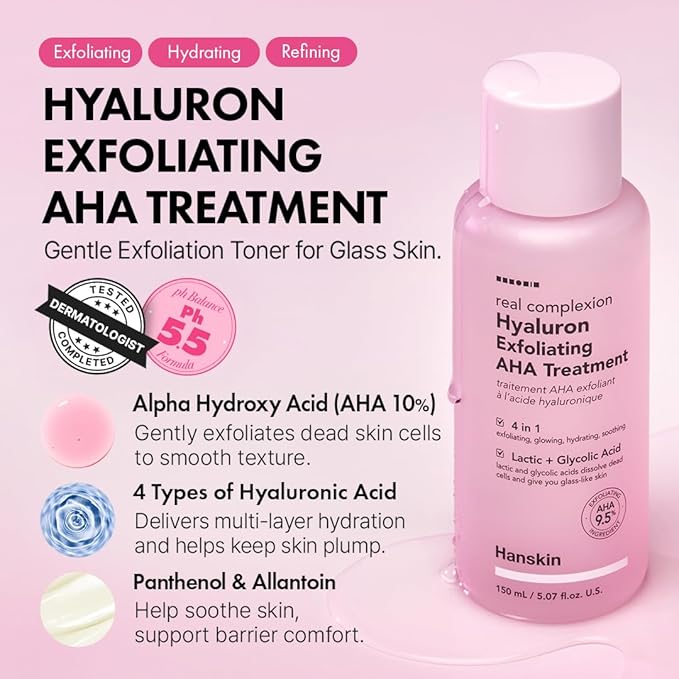 Hanskin Hyaluron Exfoliating AHA Treatment – Korean Exfoliating Toner with Glycolic & Lactic Acid for Smooth, Hydrated, Glass Skin | pH-Balanced Daily Skin Booster for Dull, Dry Skin, 5.07 fl oz
