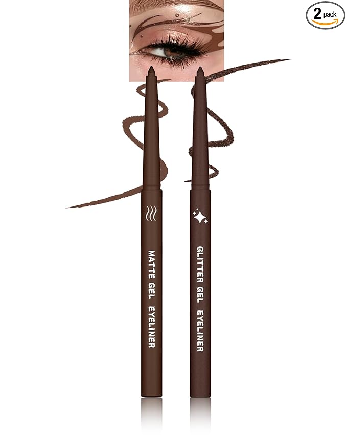 2 PCS Brown Eyeliner Pencil Set, Matte & Glitter Gel Eyeliner Pencil kit, Waterproof & Smudge-proof Waterline Eye Liner Pen Beauty Makeup for Mature Women, Girls, Daily, Party, Halloween-Brown Set