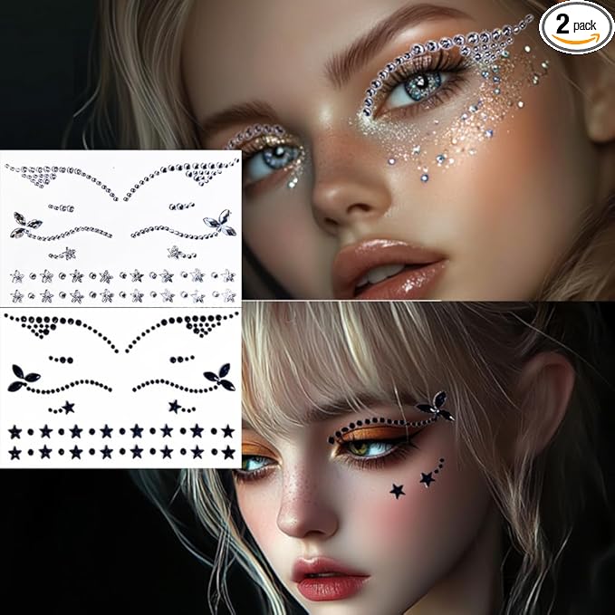 Eyeliner Gems,Rhinestone Festival Eyeliner Face Bindi Decorations Jewels Body Glitter Crystal Sticker for Men Women Kids Halloween Prank Makeup Costume,2-Pack
