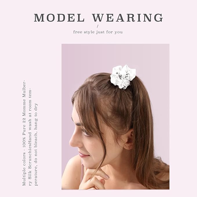 MTSNOO Silk Scrunchies for Sleep, 100% Pure 22 Momme Mulberry Silk Scrunchies for Curly Hair with Elastic Band, 3 Pack, Pink White Zebra