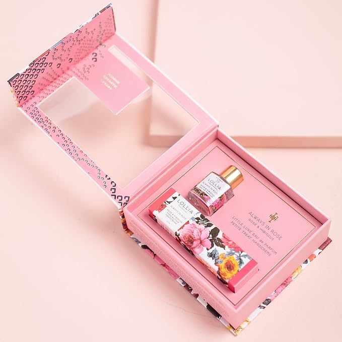 LOLLIA Always in Rose Fragrance Story Gift Set – .16 fl. oz. Eau de Parfum & .33 oz. Petite Treat Handcreme – Rose & Hibiscus – Hand Cream for Women, Travel Size Perfume, Hand Lotion for Dry Hands