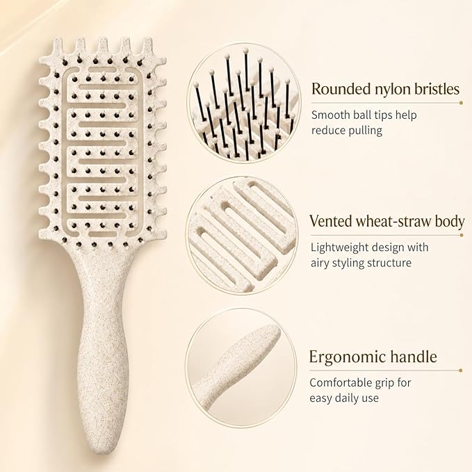 Curl Defining Brush for Curly Hair, Vented Detangling Hair Brush for Wet and Dry Styling, Curved Brush for Shaping and Smoothing Curl Clumps, Lightweight Hair Brush (2Pcs Beige)