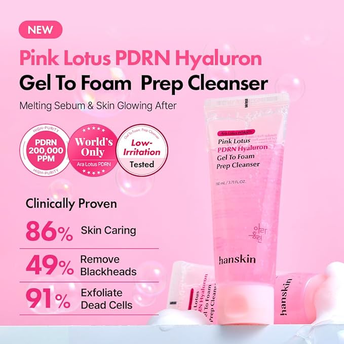 Hanskin PDRN Hyaluron Gel-to-Foam Prep Cleanser – 200,000ppm Vegan Pink Lotus PDRN Face Wash | Hydrating Low pH Cleanser for Glass Skin Glow, Smooth & Refined Skin | Korean Skincare 3.71 fl. oz.