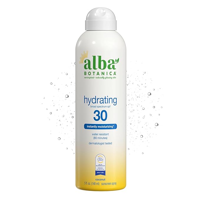 Alba Botanica Hydrating Sunscreen Spray, SPF 30 Broad Spectrum Protection, Instantly Moisturizing, Water Resistant (80 minutes), Hypoallergenic, Oxybenzone-Free, 5 Fl. Oz