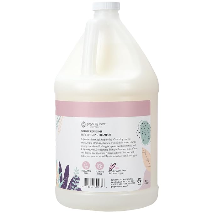 Ginger Lily Farms Botanicals Moisturizing Shampoo for All Hair Types, 100% Vegan & Cruelty-Free, Whispering Rose Scent, 1 Gallon (Pack of 4)