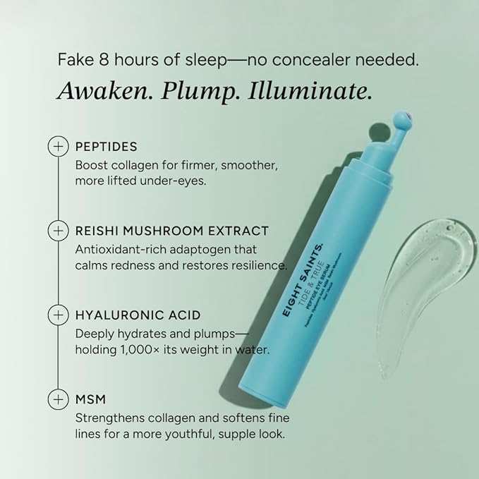 Eight Saints Tide & True Peptide Eye Serum for Puffiness & Wrinkles, Under Eye Roller Ball Treatment for Dark Circles & Fine Lines, with Peptides, Hyaluronic Acid, and Reishi Mushroom, 0.5 fl oz