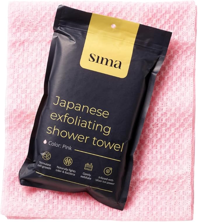 Sima Brand Exfoliating Washcloth Face & Body Scrub Towel - Japanese Exfoliating Towel with Hexagon Fibers, Body Scrubber with 2 Sides for Scrubbing & Washing, Extra Long Towels (Pink, 2 Pack)