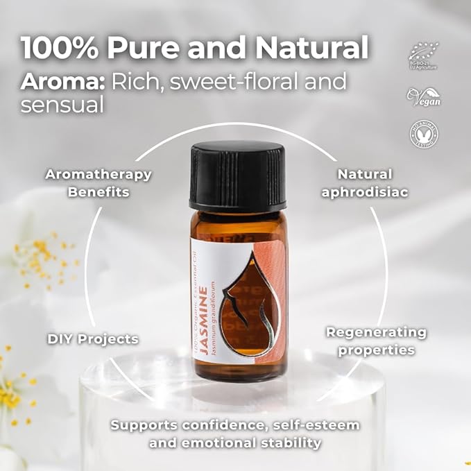Essences Bulgaria Jasmine Essential Oil 3ml (0.1 Fl Oz) | Jasminum grandiflorum | 100% Pure, Natural, Undiluted | Aromatherapy, Cosmetics | Vegan, Non-GMO, Cruelty-Free