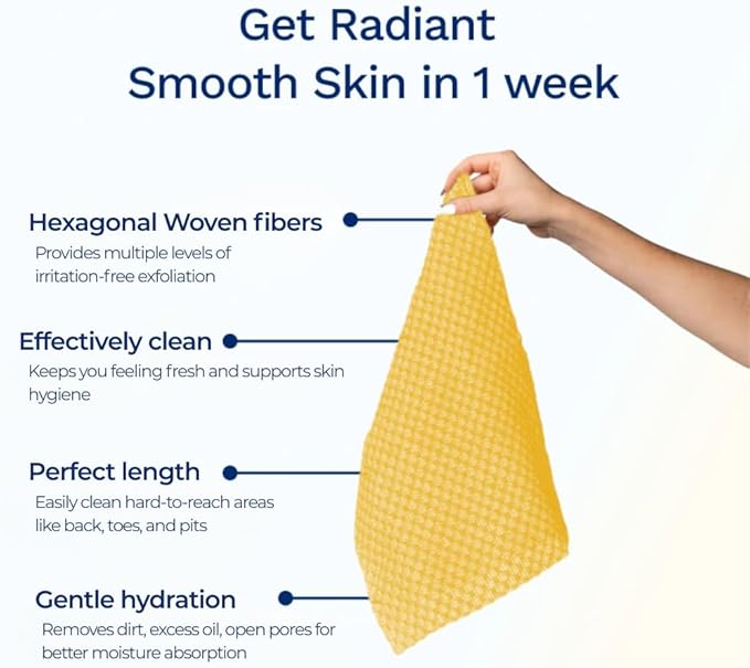 Exfoliating Washcloth Face & Body Scrub Towel - Japanese Exfoliating Towel with Hexagon Fibers, Body Scrubber with 2 Sides for Scrubbing & Washing, Extra Long Towels (Blue, 3 Pack)