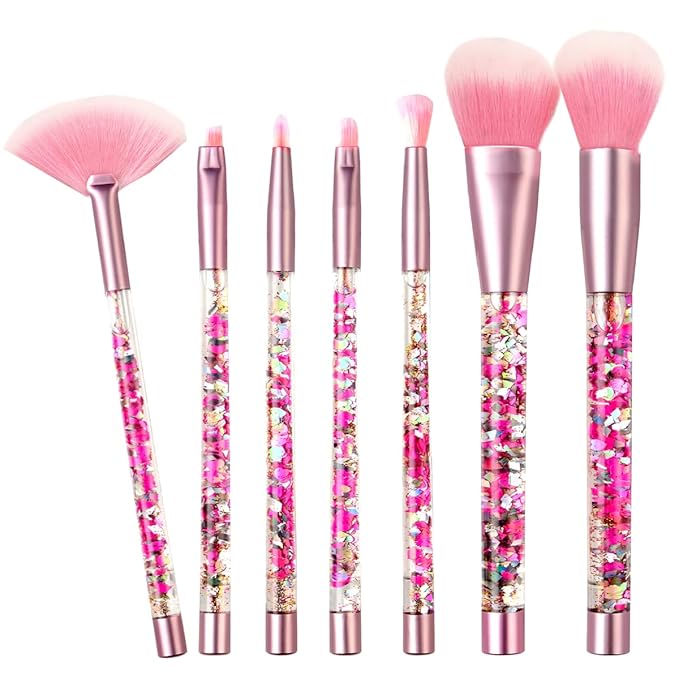 Sparkle Pink Makeup Brushes Set,Unicorn Glitter 7pc Foundation Blush Lip Nose Eyeshadow Eyebrow Loose Powder Fan Make Up Brushes Kit with Liquid for Kids Girls Teen Women Gift Present