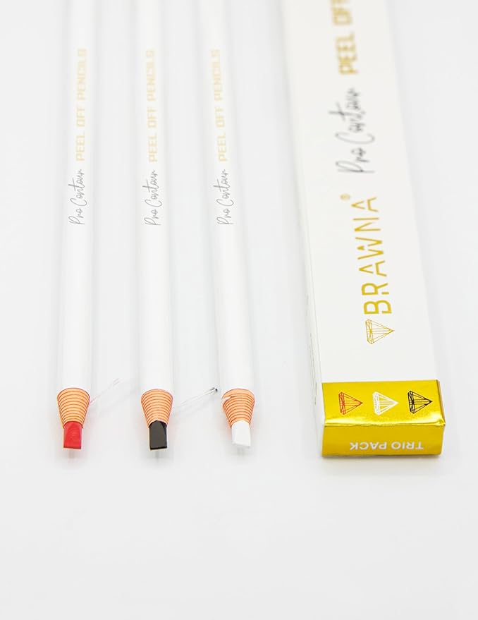 BRAWNA 3 Pcs Pro Contour Peel-Off Pencils - White, Black & Red - Wax Mapping Pencils for PMU, Microblading & Brow Artists - Precision Pre-Draw, Symmetry Mapping & Design Outlining - Long-Lasting