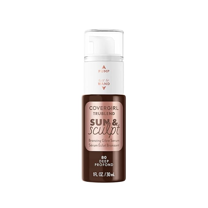 COVERGIRL TruBlend Sun & Sculpt Bronzing Glow Serum, Buildable, Radiant Glow, Wand and Pump Applicator - 80 Deep