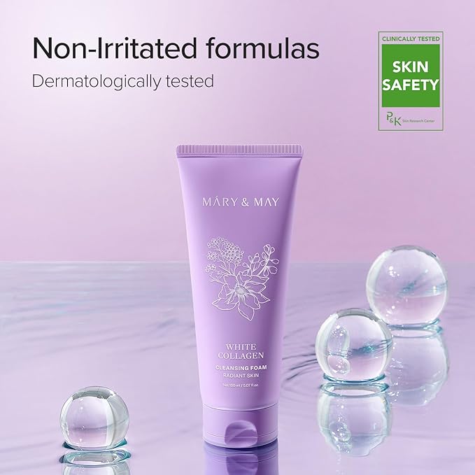 Mary&May White Collagen Cleansing Foam Duo Twin Pack - Deep Cleansing, Hydrating Formula for Firm and Radiant Skin with Niacinamide - Korean Skincare, EWG Green Grade, Hypoallergenic, 10.14 Fl Oz