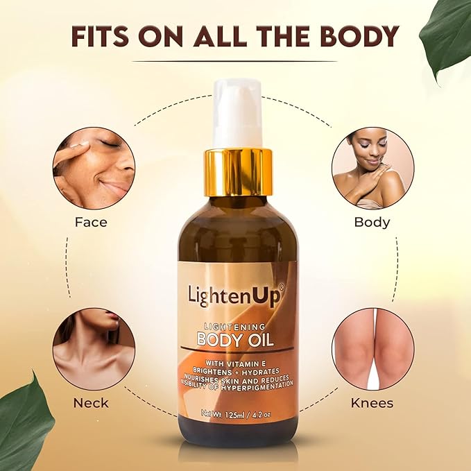 LightenUp, Skin Brightening Body Oil - 4.2 fl oz / 125 ml - Hyperpigmentation Body Seum, Dark Spot Remover, for Men and Women with Vitamin E, Shea Butter, Almond Oil