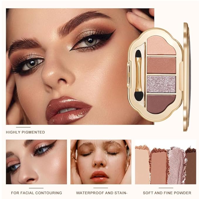 4 Colors Neutral Nude Matte & Shimmer Eyeshadow Palette,Peach Bronze Cocoa Neutral-Warm Mattes Glitter Eye shadow Contour Makeup Palette for Mature Women, Blue Green Eyes, Daily Natural Makeup.#1