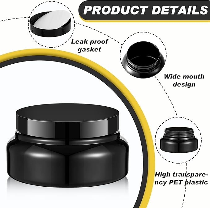 Tessco for you 24 Pack Plastic Jars with Lids Labels Multiuse Slime Containers Empty Body Scrub Jars Round Refillable Cosmetic Body Butter Container for Makeup (5 oz,Black)