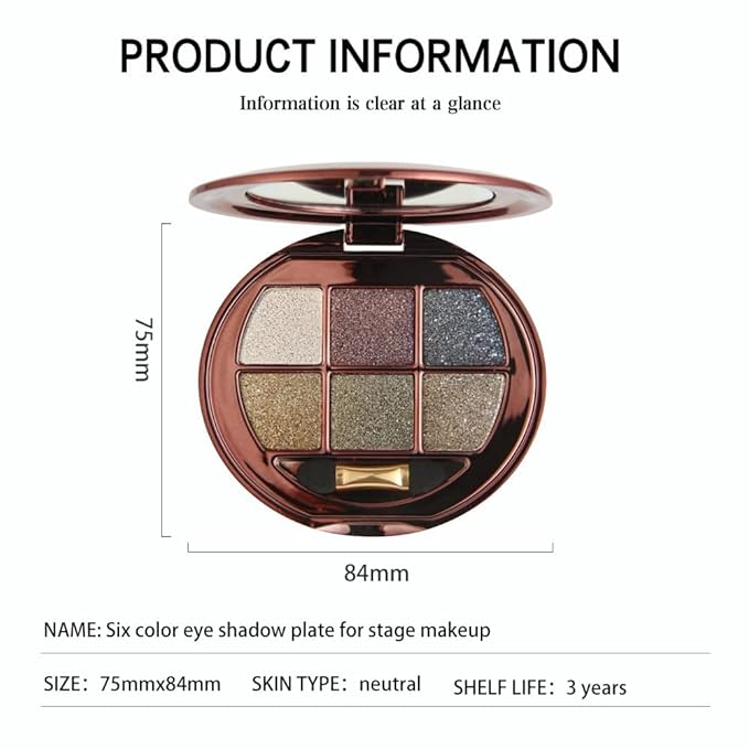 6 Color Glitter Eyeshadow Palette, Smokey Eye Shimmer Eyeshadow, Gold Bronze Black Metallic Eye Shadow, High Shine Sparkle Makeup, Smooth Blendable Long Lasting for Party Night Glam Look 01