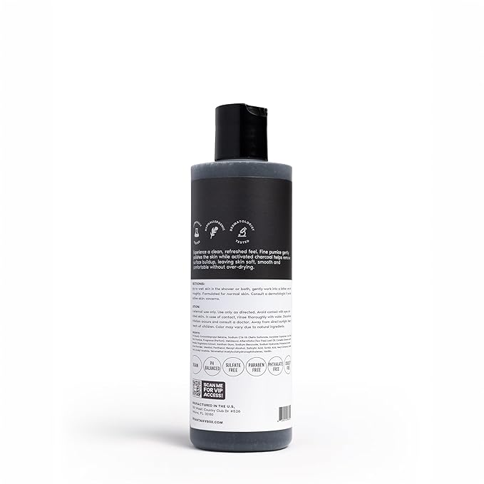 Her Fantasy Box | Charcoal Detox Exfoliating Body Wash – Activated Charcoal & Pumice Deep Cleanser with Tea Tree & Eucalyptus, Refreshing Exfoliation for Smoother Skin, Vegan & pH Balanced (8 oz)