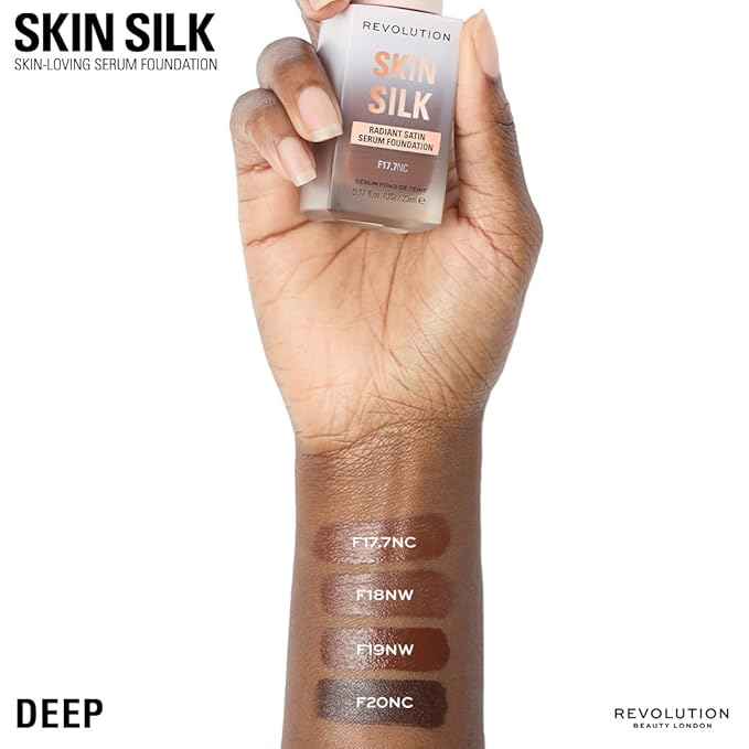 Revolution Skin Silk Radiant Satin Serum Foundation, Buildable Coverage with Hydrating Hyaluronic Acid for a Natural Finish, Vegan & Cruelty-Free, F18NW Deep Skin Tones, 0.77 fl oz