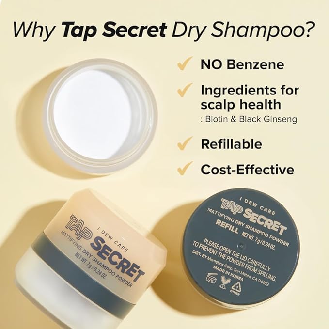 I DEW CARE Biotin Clarifying Dry Shampoo - Tap Secret Original Duo Set | Strengthening & Volumizing, Powder Type, Refillable, Travel size, Non-aerosol, Korean Ginseng, Stocking Stuffers, 0.26 Oz * 2ea