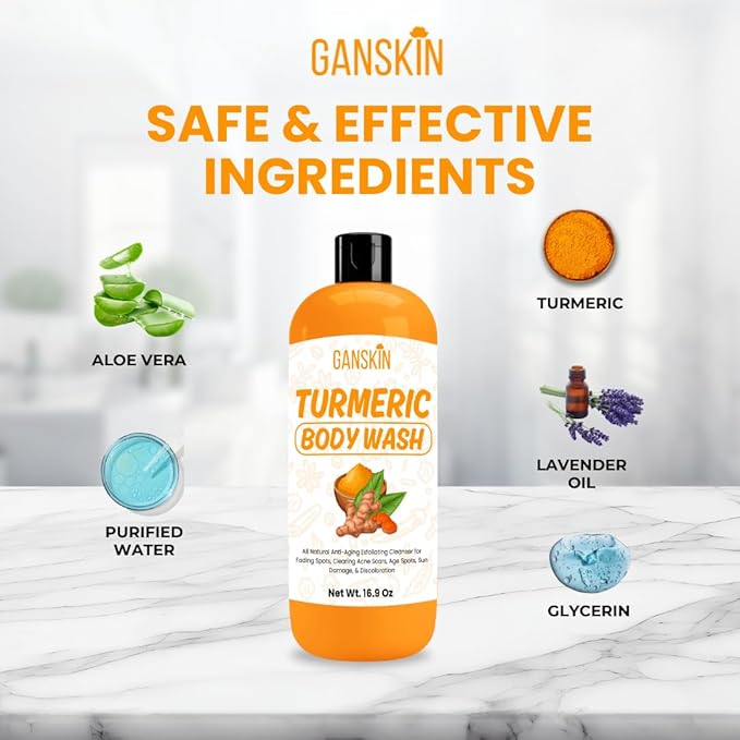 Turmeric Body Wash – Skin Brightening Liquid Soap for Discoloration – Natural Anti Aging Exfoliating Turmeric Body Wash for Spots, Acne, Sun Damage – Bath Soap Skincare