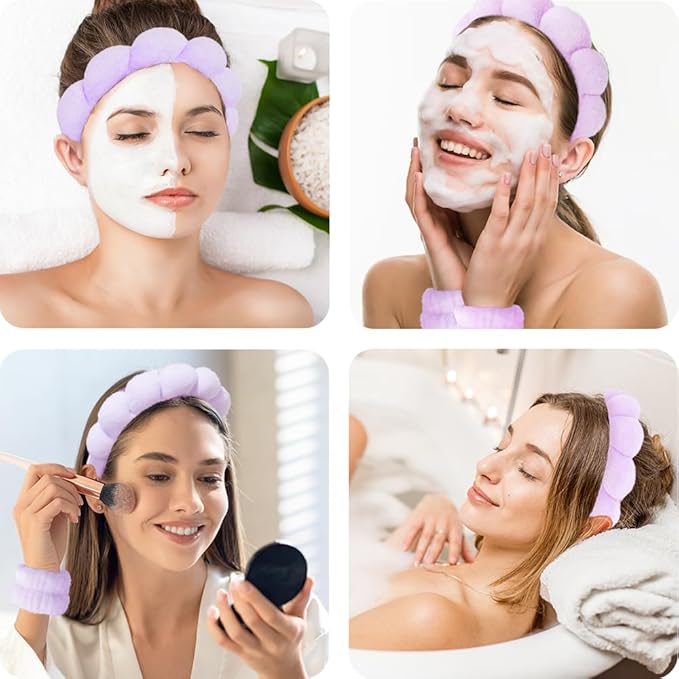 Spa Headbands for Washing Face Wristband Set Sponge Makeup Skincare Headband Wrist Towels Bubble Soft Terry Towel Cloth Hairband for Women Puffy Headwear Non Slip Thick Thin Hair Headwear (Lilac)