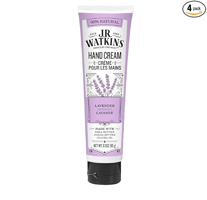 J.R. Watkins Natural Moisturizing Hand Cream, Hydrating Hand Moisturizer with Shea Butter, Cocoa Butter, and Avocado Oil, USA Made and Cruelty Free, 3.3oz, Lavender, (Pack of 4)