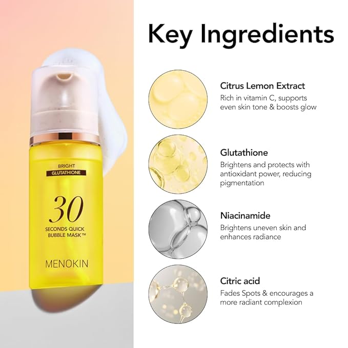 MENOKIN 30 Seconds Quick Bubble Mask [BRIGHT] - [Vitamin C] [Glutathione & Niacinamide] in Micro-bubbles for Dark Spots, Uneven Skin Tone, Korean Skin Care Essential, 70 Uses, 3.21 fl.oz