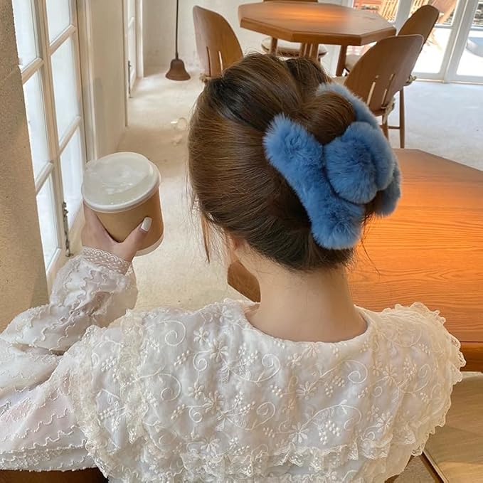 YOYLMAL Large Faux Fur Hair Claw Clip for Women, 5.1 Inches Winter Fluffy Fuzzy Hair Clips, Nonslip Strong Hold Furry Big Jaw Clamp for Thick Long Hair (Blue)