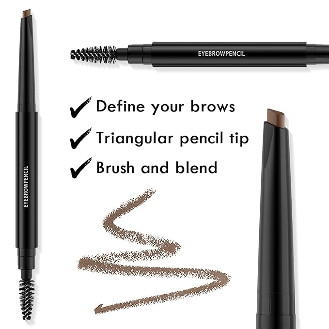 Eyebrow Pencil - Makeup Waterproof Brow Pencil with Triangular Tip, Dual-Sided Brow Brush, Precise, Fine Tip, Fills Brows Creates Natural Looking Brow, with Hair Clips - Coffee