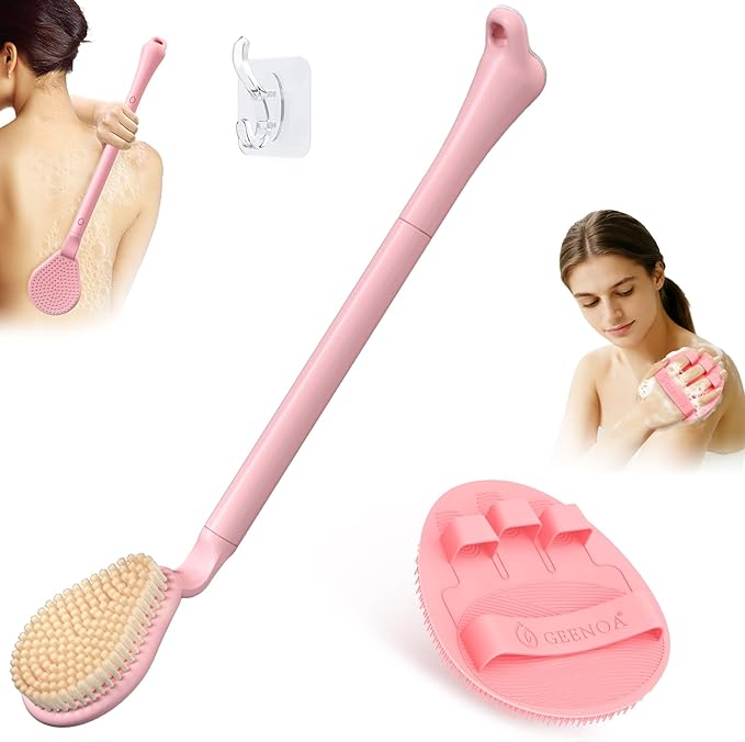 Back Scrubber for Shower & Silicone Bath Glove Set, 19’’ Detachable Long Handle Body Scrubber Wet or Dry Brush, Adjustable 2-in-1 Back & Body Brush with Soft Bristles for Deep Cleaning(Pink)