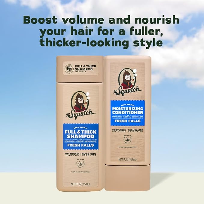 Dr. Squatch Full + Thick Men's Shampoo and Conditioner Set - For Fuller, Thicker-Looking Hair - Natural Shampoo and Conditioner for Men - Fresh Falls (11 fl oz, 2-Pack)