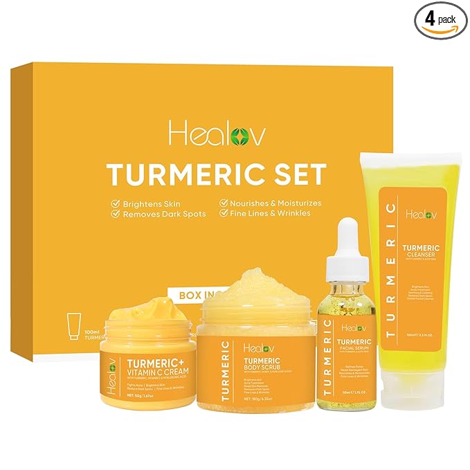 Healov Turmeric Skincare Set - Turmeric Skin Care Products Brightening & Acne - Turmeric Skin Care Kit, Turmeric Skin Care Set - Turmeric Cleanser, Body Scrub, Face Cream & Facial Serum