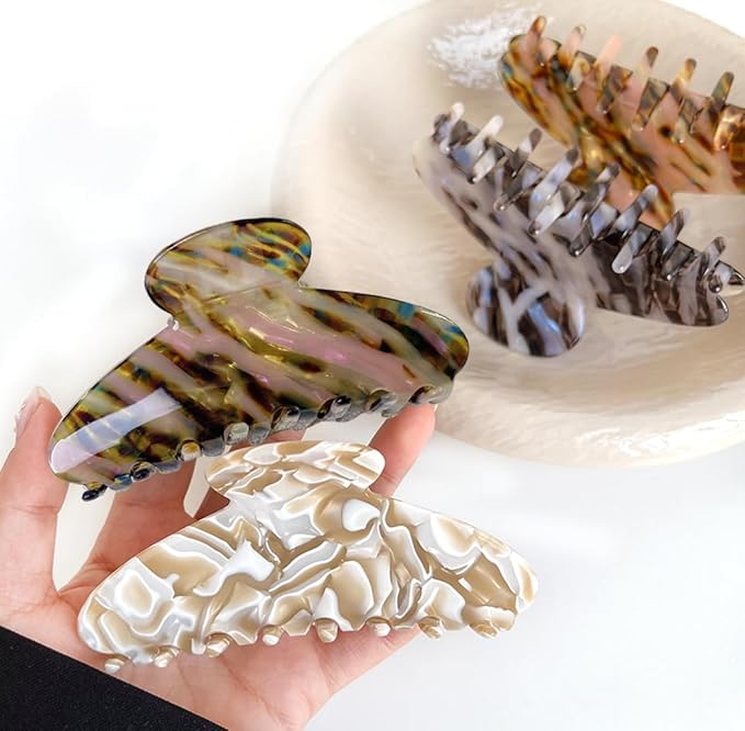 Wenlly large tortoise shell claw clip, marble non-slip strong hair barrettes, 4.1 Inch cellulose acetate hair claw clips, brown