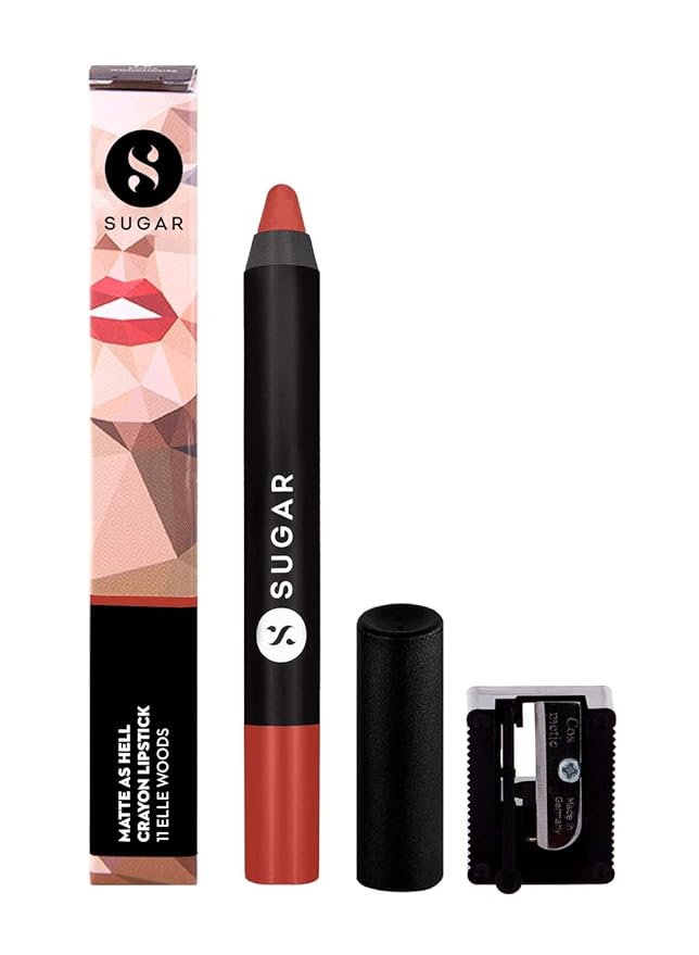 SUGAR Cosmetics Matte As Hell Crayon Lipstick With Free Sharpner, Long Lasting Matte Lip Crayon - 11 Elle Woods (Brown Nude), 2.8 g