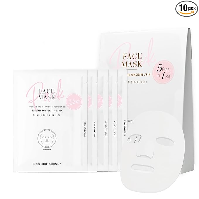 DLUX PROFESSIONAL Calming Face Mask Pack - 10 Pcs Calm Irritated Skin, Treats Dry and Dull Skin, Natural Radiance, Antioxidant Effects, Revitalize, Repair Mask, Anti-Aging