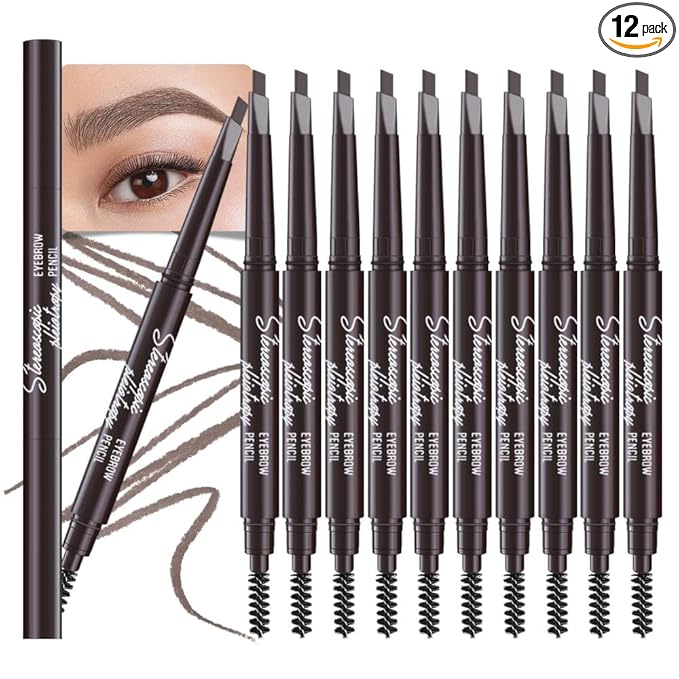 12 Pcs Ultimate Eyebrow Retractable Definer Pencils,Dual-Sided Natural Soft Textured Eyebrow Pencil, for Daily Look Eyebrow Makeup,Brow Brush,Fine Tip (12Pcs-Dark Brown-Retractable Triangle)