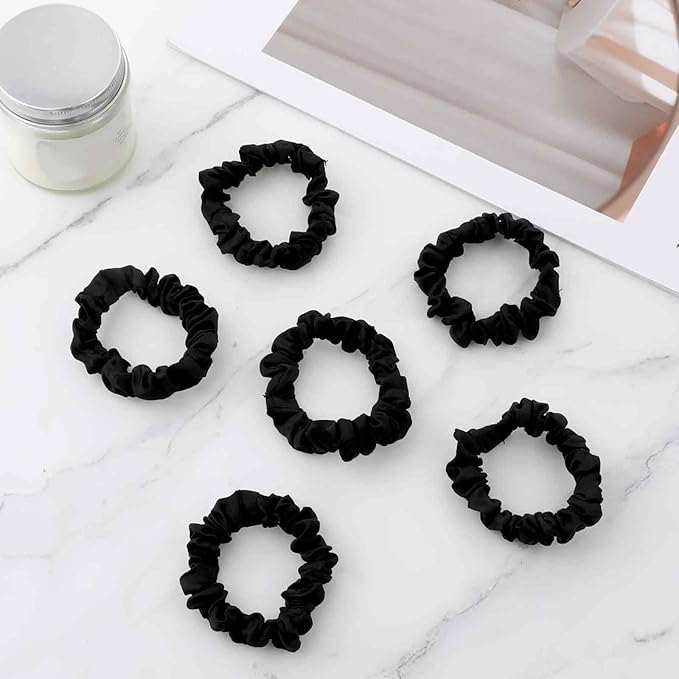 6pcs Luxury Silk Hair Scrunchies,Satin Scrunchies for Curly Hair,Black Scrunchies for Hair,Mini Satin Scrunchies Ponytail Holders for Thick Curl Hair No Hurt Your Hair for Women and Girls