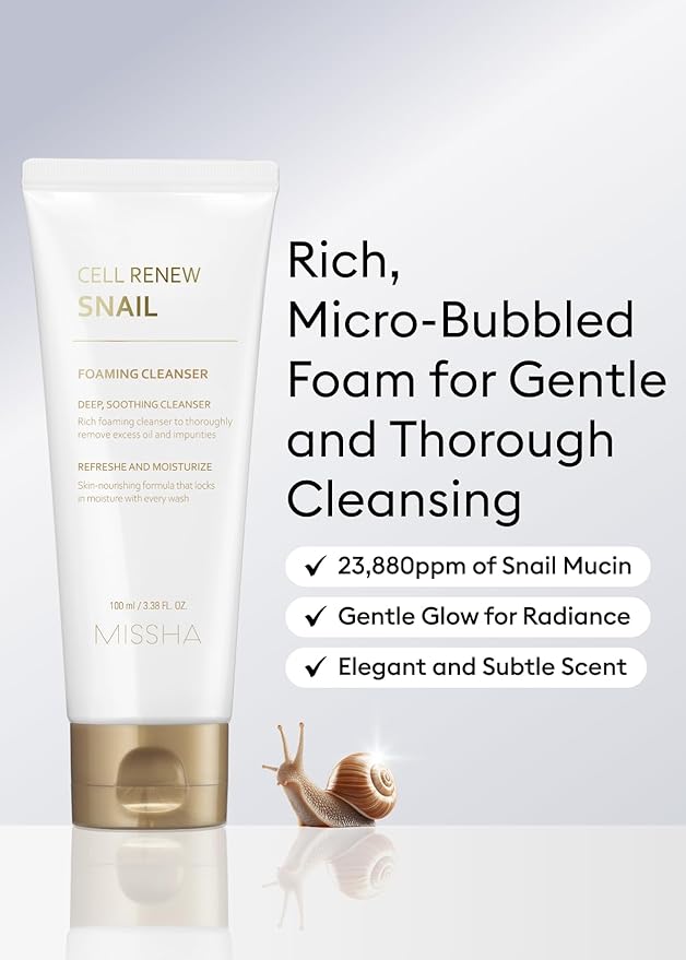 MISSHA Cell Renew Snail Foaming Cleanser 3.38 Fl Oz - Korean Skin Care Face Wash with Snail Secretion Filtrate, Deep Cleansing, Hydration Boost, Skin Elasticity, Creamy Texture, Moisture Lock