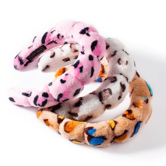 AOENJIE Spa Headbands for Washing Face or Makeup, Sponge Bubble Skincare Headbands, Puffy Terry Cloth Hairband for Women, Skin Care Makeup Headwear Hair Accessories for Girls (Leopard Khaki)