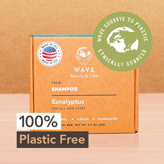 Wave Eucalyptus Oil Shampoo Bar - Moisturizing & Handmade Vegan Bar for Shiny Hair, Natural, Organic & Non-GMO Shampoo for Women & Men, 2.3 oz, Long-Lasting (80-120 Uses)