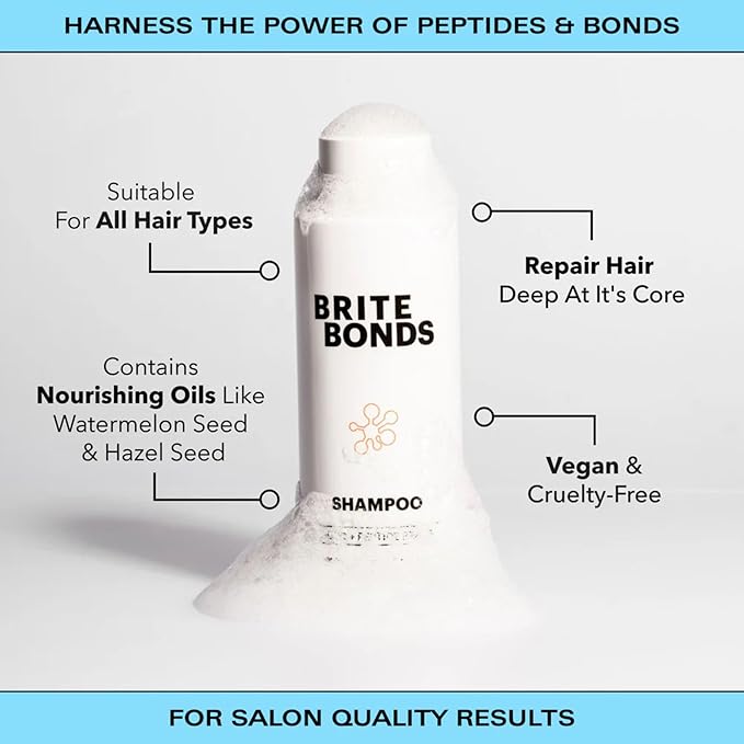 Brite Bonds Repair Shampoo with Peptides & Easy Squeeze Bottle - Reverse All Types of Hair Damage with Nourishing Oils - Vegan Cruelty-Free Salon Quality Bonds Shampoo to Revitalize Hair (6.76 Fl Oz)