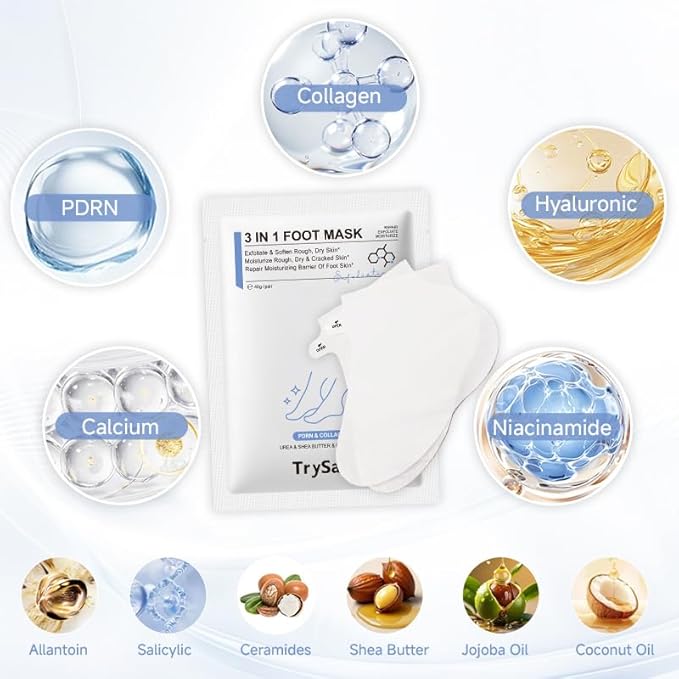4Pairs PDRN & Collagen & Niacinamide Foot Mask | Foot Peeling and Dead Skin Removal*, Relief Dry and Cracked Feet Skin | Urea, Shea butter, Coconut oil, Salicylic Acid, Hyaluronic | Korean Feet Care