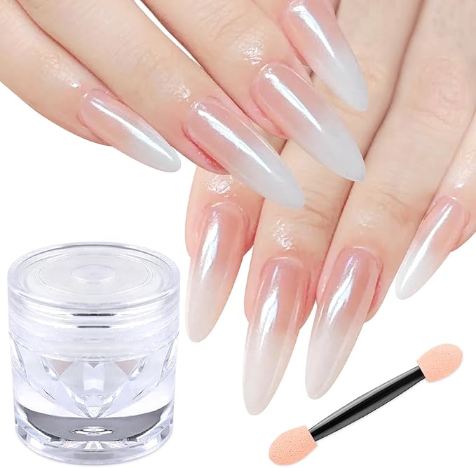 White Chrome Nail Powder Shimmer Clear Aurora Mirror Effect Ice Transparent Blue Glitter Pigment Chrome Powder for Nails Gel Polish Design Unicorn Pearl Powders 0.5g