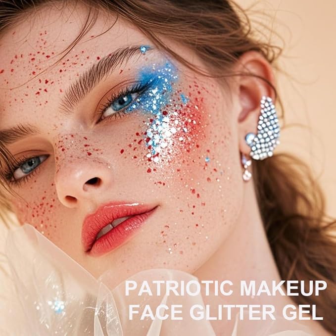 Face Body Glitter Gel Shimmer Makeup for Hair Clavicle Arm Nail Eyeshadow, Long Lasting Waterproof Holographic Mermaid Sequins for Outfit Rave Festival Party, 1.35oz, Flag Shade