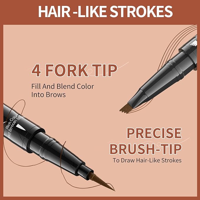 4-Fork Tip Microblading Eyebrow Pen - 2-in-1 Waterproof Eyebrow Pencil, Long-Lasting Natural Hair-Like Brows, Smudge-Proof & Easy to Use (03#Grey)