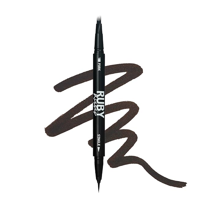 Ruby Kisses Go Brow Microblading Eyebrow Pen, Waterproof Eyebrow Pencil for Women, Dual-Ended Liquid Tattoo Brow Pencil with 4-Fork & Precise Brush Tip for Natural Hair-Like Strokes (Black Brown)