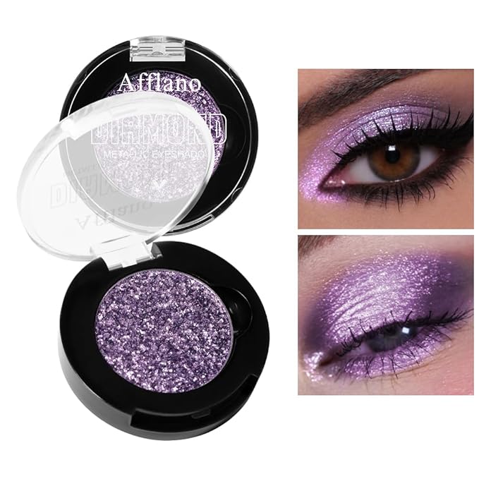 Afflano Sparkle Purple Glitter Eyeshadow One-Swipe Coverage, Diamond Lilac Purple Glitter Eyeshadow Palette Single, Pigmented Metallic Violet Eye Shadow Pallet for Girl Women Bold Eye Look, 7H