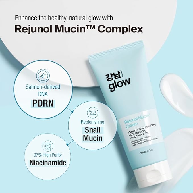 GANGNAM GLOW Rejunol Mucin PDRN Facial Cream 6.76 floz - 91.5% Snail Mucin Moisturizer with Hyaluronic Acid & Panthenol I Korean Skin Care I Face Moisturizer for Women | Salmon DNA