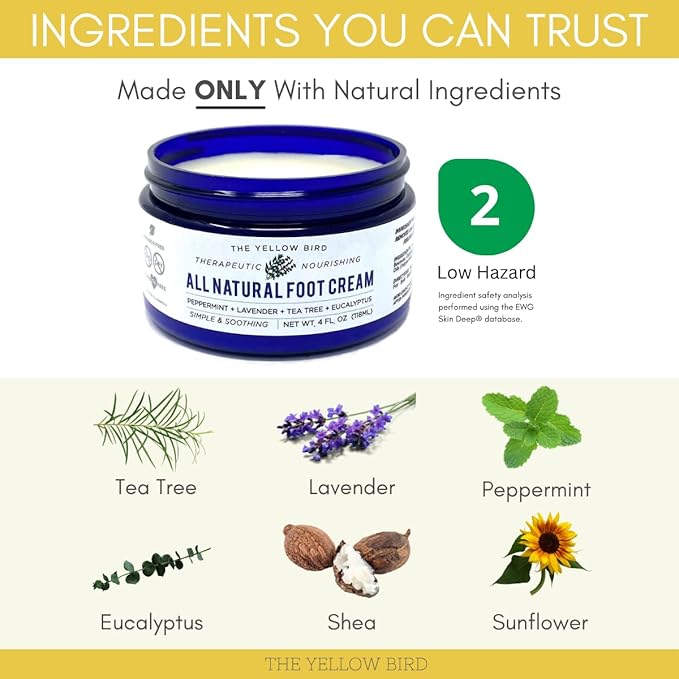 All Natural Foot Cream for Cracked Heels & Dry Feet – USA Made Organic Foot Balm for Callus Softening – Hydrating Foot Care Moisturizer with Peppermint, Tea Tree, Lavender & Eucalyptus